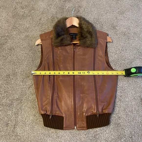 VTG Moda International Brown Leather Vest with Faux Fur Size M Aviator Bomber - Picture 11 of 13